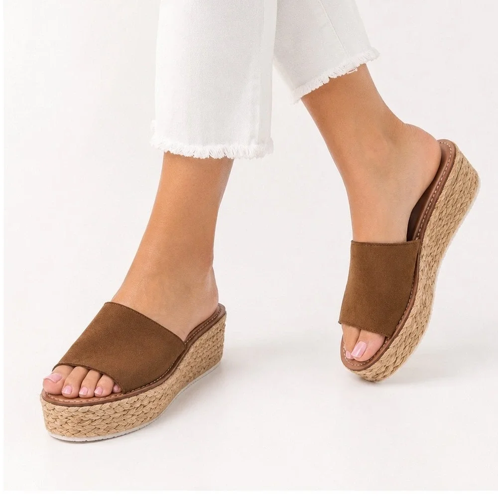 Zara Brown Suede Platform Espadrille Slide Wedge Sandals Women's Size 8-8.5